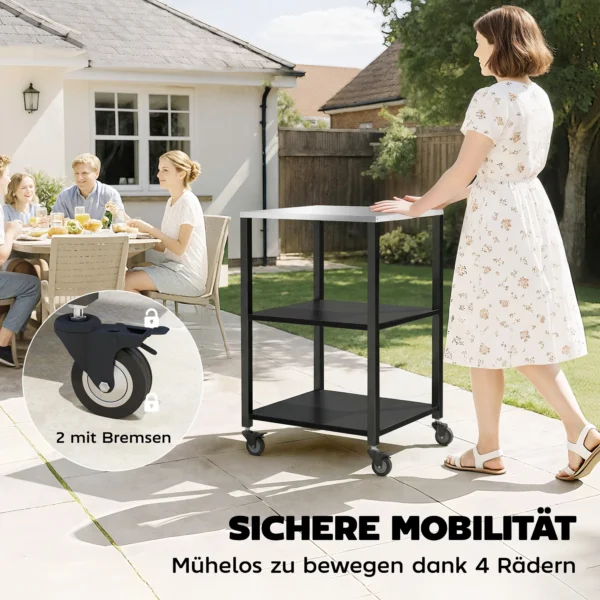 Grillwagen 3 laags Grilltafel Met Roestvrijstalen Werkblad Rollen Mobiele Serveerwagen 50 X 50 X 90 Cm Zwart