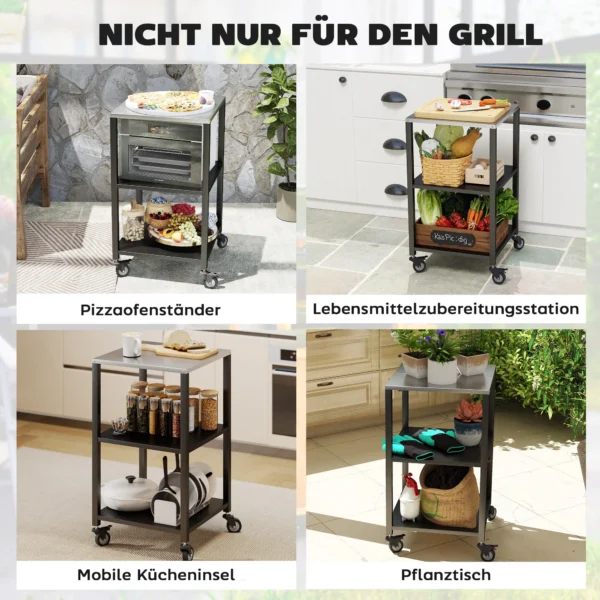 Grillwagen 3 laags Grilltafel Met Roestvrijstalen Werkblad Rollen Mobiele Serveerwagen 50 X 50 X 90 Cm Zwart