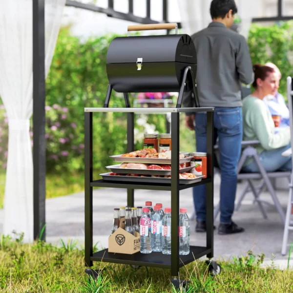 Grillwagen 3 laags Grilltafel Met Roestvrijstalen Werkblad Rollen Mobiele Serveerwagen 50 X 50 X 90 Cm Zwart
