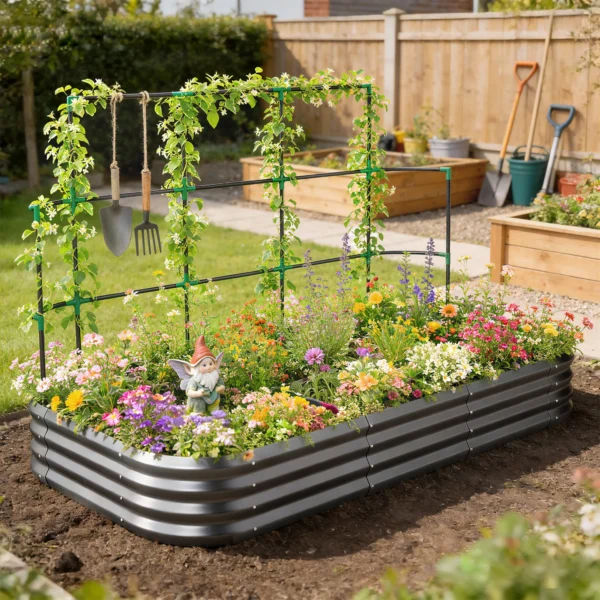 Hoog Bed Met Klimrek, Metalen Plantenbak Met Beschermrand Handschoenen 220 X 110 X 150 Cm, Donkergrijs