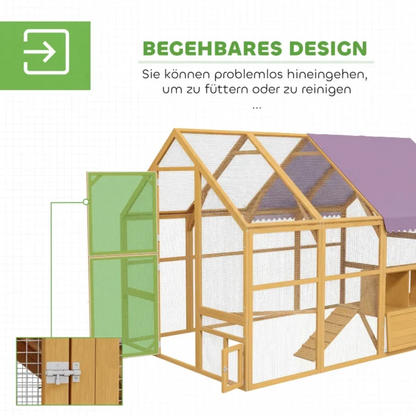 Houten Kippenhok Met Ren, Veiligheidsslot, Deur, 4 Nestkasten, Voor 8 12 Kippen, Ca. 2,8 X 1,8 X 1,9 M, Geel