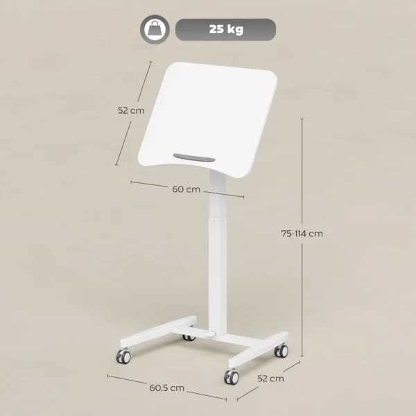 In Hoogte Verstelbare Sta bureau, Rolbaar Bureau Met Kantelbaar Tafelblad, Veiligheidsstopper, Wielen, Wit