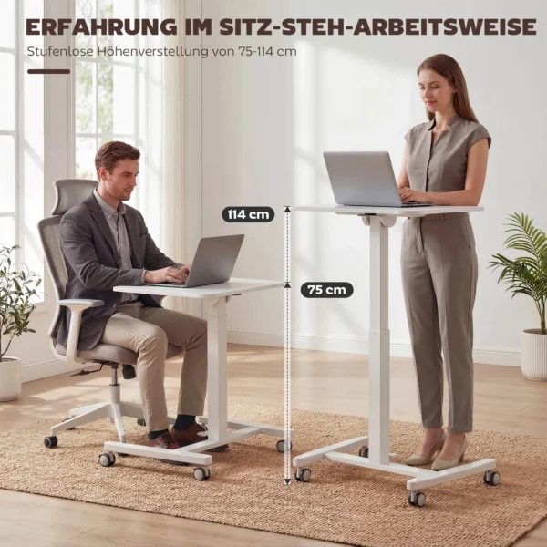 In Hoogte Verstelbare Sta bureau, Rolbaar Bureau Met Kantelbaar Tafelblad, Veiligheidsstopper, Wielen, Wit