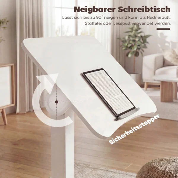 In Hoogte Verstelbare Sta bureau, Rolbaar Bureau Met Kantelbaar Tafelblad, Veiligheidsstopper, Wielen, Wit