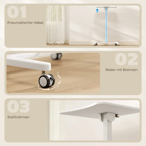 In Hoogte Verstelbare Sta bureau, Rolbaar Bureau Met Kantelbaar Tafelblad, Veiligheidsstopper, Wielen, Wit