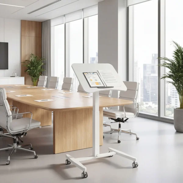 In Hoogte Verstelbare Sta bureau, Rolbaar Bureau Met Kantelbaar Tafelblad, Veiligheidsstopper, Wielen, Wit