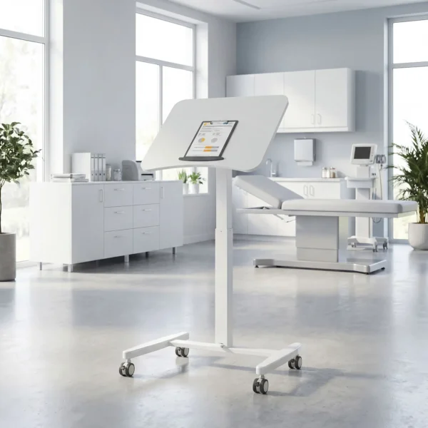 In Hoogte Verstelbare Sta bureau, Rolbaar Bureau Met Kantelbaar Tafelblad, Veiligheidsstopper, Wielen, Wit