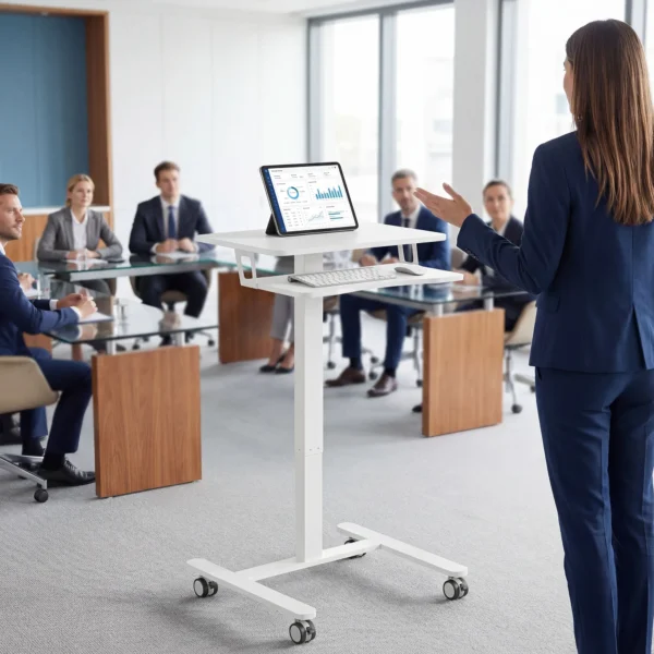 In Hoogte Verstelbare Sta bureau, Verrijdbaar Zit sta Bureau Met Toetsenbordlade, Wielen En Stalen Frame, Wit