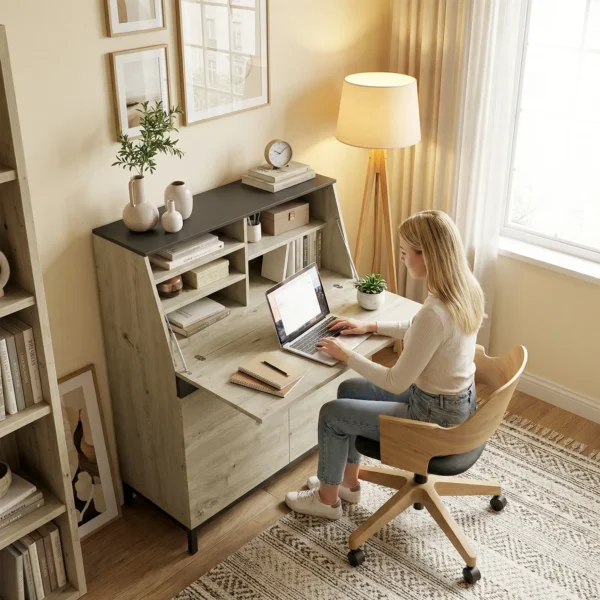 Industriële Secretaresse Bureau Met Planken En Metalen Frame 100 Cm Natuurhout En Zwart