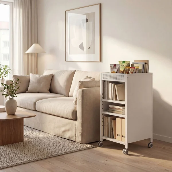 Mobiele Boekenkast Met Verstelbare Planken, 3 laags Rolwagen Met Bovenste Mand, Wit
