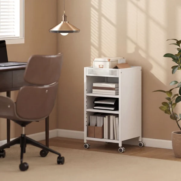 Mobiele Boekenkast Met Verstelbare Planken, 3 laags Rolwagen Met Bovenste Mand, Wit