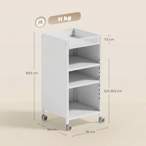 Mobiele Boekenkast Met Verstelbare Planken, 3 laags Rolwagen Met Bovenste Mand, Wit