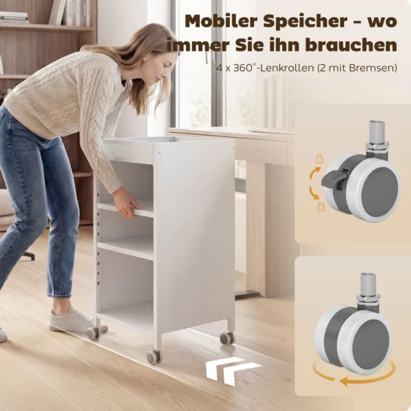 Mobiele Boekenkast Met Verstelbare Planken, 3 laags Rolwagen Met Bovenste Mand, Wit