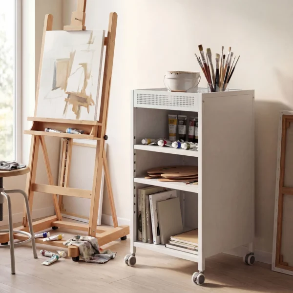 Mobiele Boekenkast Met Verstelbare Planken, 3 laags Rolwagen Met Bovenste Mand, Wit