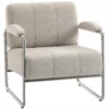 Moderne Fauteuil, Accentstoel Met Brede Zitting En Dikke Bekleding, Chenille Gestoffeerde Stoel Voor De Woonkamer, Beige