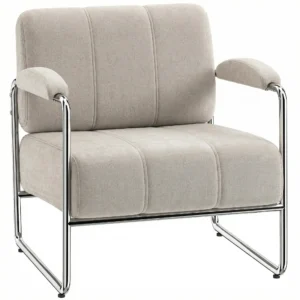 Moderne Fauteuil, Accentstoel Met Brede Zitting En Dikke Bekleding, Chenille Gestoffeerde Stoel Voor De Woonkamer, Beige