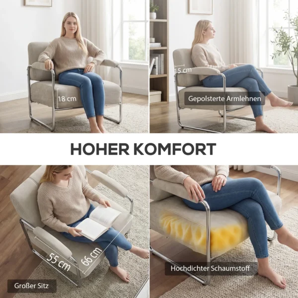 Moderne Fauteuil, Accentstoel Met Brede Zitting En Dikke Bekleding, Chenille Gestoffeerde Stoel Voor De Woonkamer, Beige