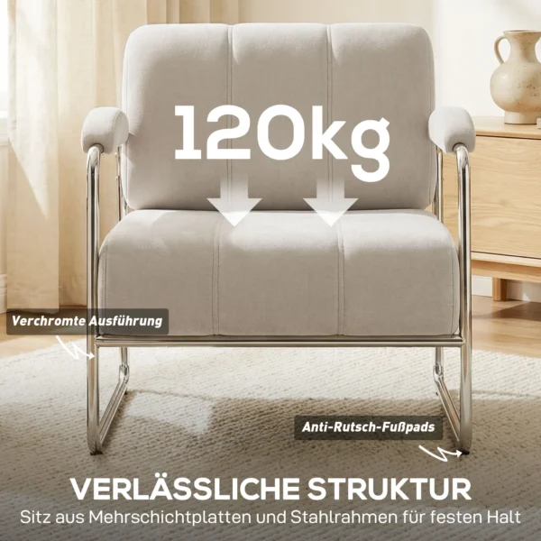 Moderne Fauteuil, Accentstoel Met Brede Zitting En Dikke Bekleding, Chenille Gestoffeerde Stoel Voor De Woonkamer, Beige
