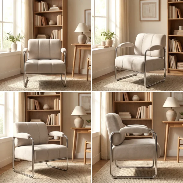 Moderne Fauteuil, Accentstoel Met Brede Zitting En Dikke Bekleding, Chenille Gestoffeerde Stoel Voor De Woonkamer, Beige