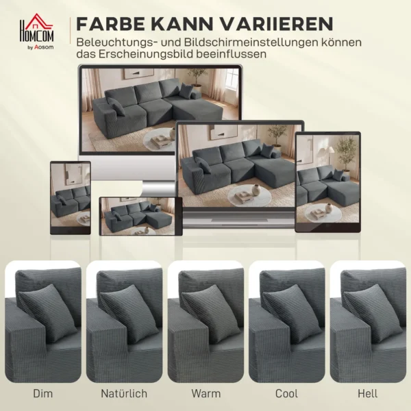 Modulair Hoekbank, L vormige Slaapbank Met Diepe Zitting, Brede Armleuningen, 2 Kussens, Donkergrijs