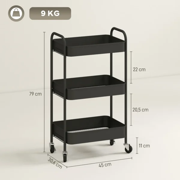 Multifunctionele Trolley Keukenwagen, 3 Planken, 4 Wielen, 45 Cm X 30,6 Cm X 79 Cm, Zwart