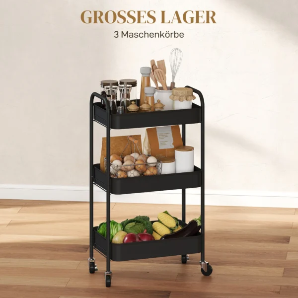 Multifunctionele Trolley Keukenwagen, 3 Planken, 4 Wielen, 45 Cm X 30,6 Cm X 79 Cm, Zwart