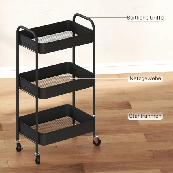 Multifunctionele Trolley Keukenwagen, 3 Planken, 4 Wielen, 45 Cm X 30,6 Cm X 79 Cm, Zwart