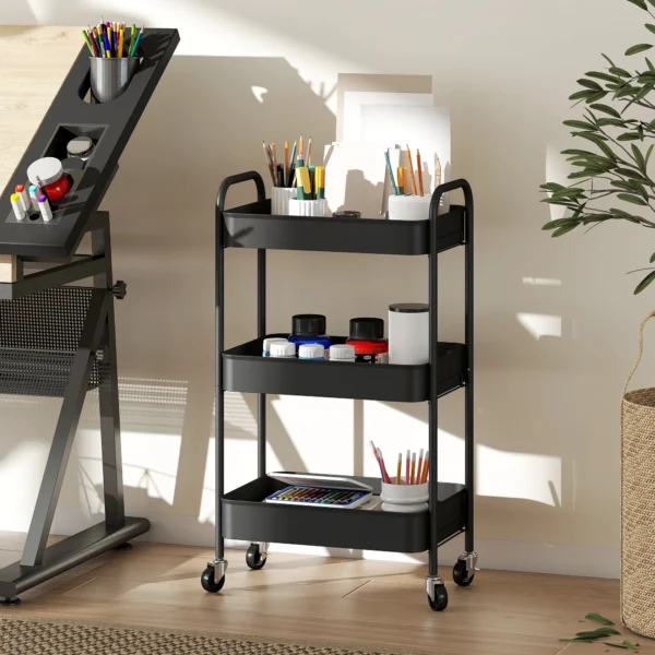 Multifunctionele Trolley Keukenwagen, 3 Planken, 4 Wielen, 45 Cm X 30,6 Cm X 79 Cm, Zwart