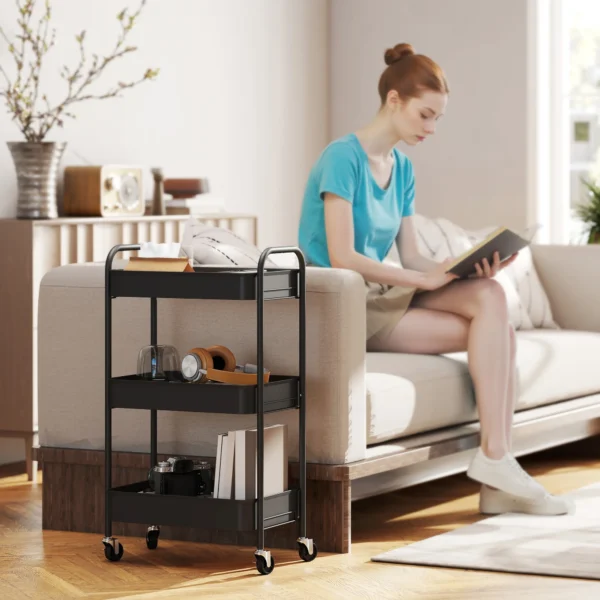 Multifunctionele Trolley Keukenwagen, 3 Planken, 4 Wielen, 45 Cm X 30,6 Cm X 79 Cm, Zwart