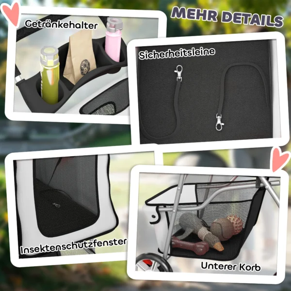 Opvouwbare Hondenwagen Kattenwagen Tot 10kg Met Regenbescherming Reflecterende Strepen Opbergmand 77x44x102cm Grijs