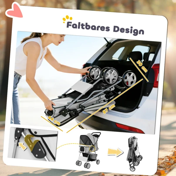 Opvouwbare Hondenwagen Kattenwagen Tot 10kg Met Regenbescherming Reflecterende Strepen Opbergmand 77x44x102cm Grijs