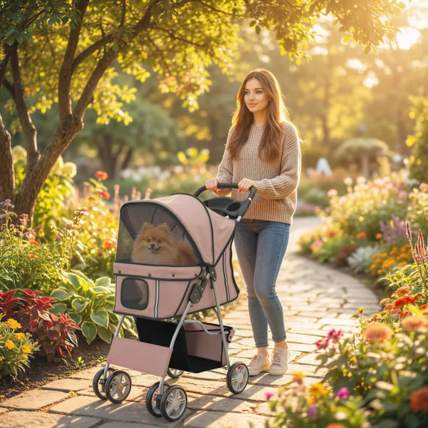 Opvouwbare Hondenwagen Met Reflecterende Strepen, Opbergmand En Kussen Voor Kleine Honden Tot 10 Kg, 77x44x102cm, Koffiekleur