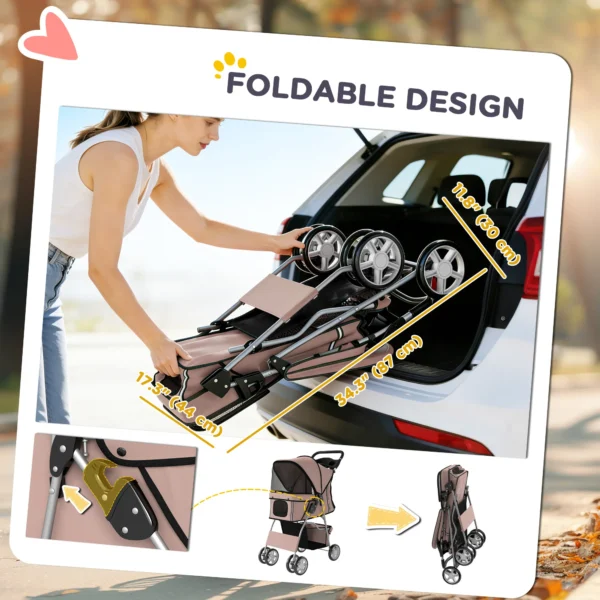 Opvouwbare Hondenwagen Met Reflecterende Strepen, Opbergmand En Kussen Voor Kleine Honden Tot 10 Kg, 77x44x102cm, Koffiekleur