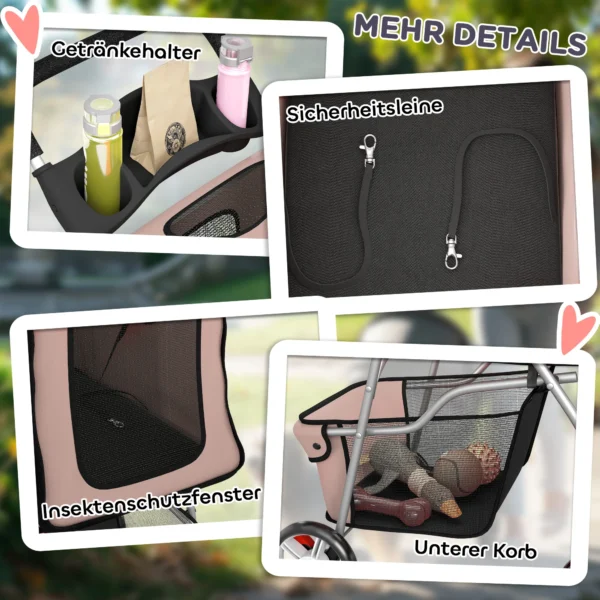 Opvouwbare Hondenwagen Met Reflecterende Strepen, Opbergmand En Kussen Voor Kleine Honden Tot 10 Kg, 77x44x102cm, Koffiekleur