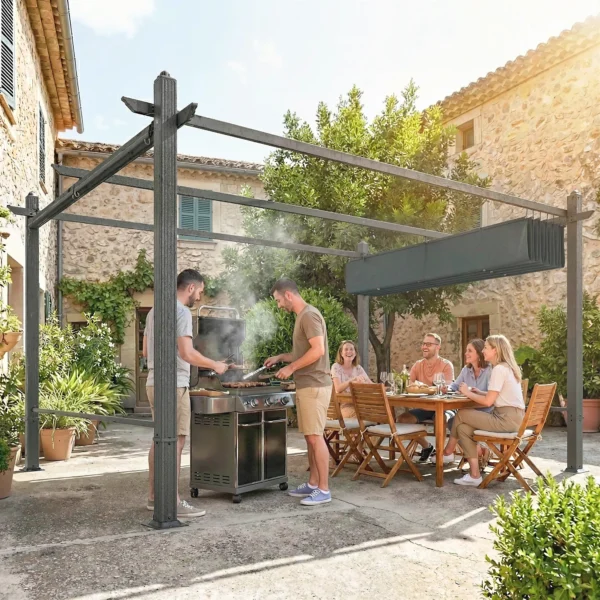 Pergola 3 X 4 M Terrasoverkapping Met Schuifdak, Automatisch Intrekbare Rolgordijnen, UV50+ Aluminium Frame