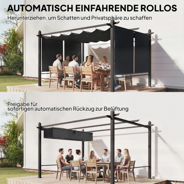Pergola 3 X 4 M Terrasoverkapping Met Schuifdak, Automatisch Intrekbare Rolgordijnen, UV50+ Aluminium Frame