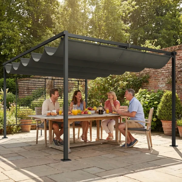 Pergola 3,87 X 2,97 M Terrasoverkapping Met Schuifdak, 2 Privacy Schermen, UV 50+ Donkergrijs