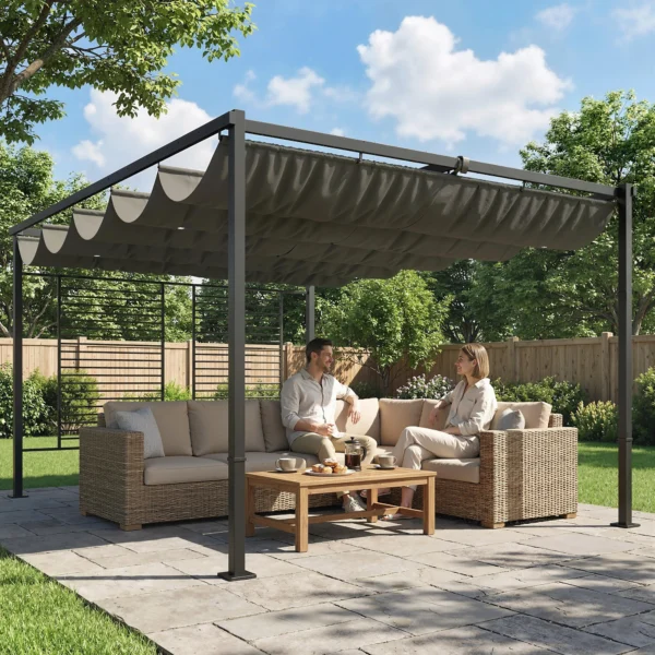 Pergola 3,87 X 2,97 M Terrasoverkapping Met Schuifdak, 2 Privacy Schermen, UV 50+ Donkergrijs