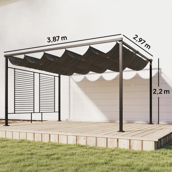 Pergola 3,87 X 2,97 M Terrasoverkapping Met Schuifdak, 2 Privacy Schermen, UV 50+ Donkergrijs