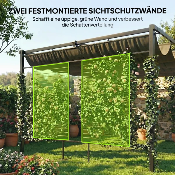 Pergola 3,87 X 2,97 M Terrasoverkapping Met Schuifdak, 2 Privacy Schermen, UV 50+ Donkergrijs