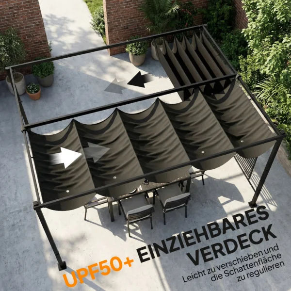 Pergola 3,87 X 2,97 M Terrasoverkapping Met Schuifdak, 2 Privacy Schermen, UV 50+ Donkergrijs