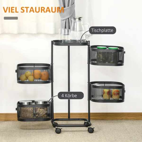 Serveerwagen Met 4 Draaibare Niveaus, Keukenwagen Met Wielen, Draadmand Rolwagen Met Bovenste Rek 33x33x77 Cm Zwart