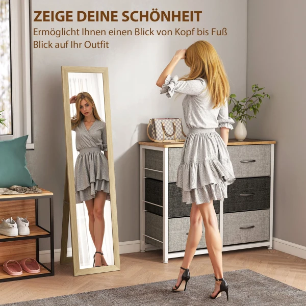 Spiegel Volledige Lichaamsspiegel Wandspiegel, 37 Cm X 40 Cm X 155 Cm, Incl. Bevestigingshaken, Zilver + Eik