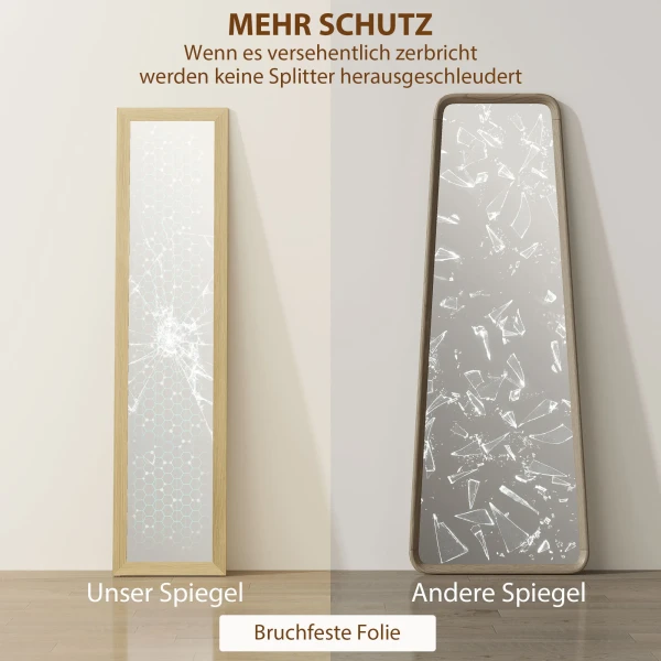 Spiegel Volledige Lichaamsspiegel Wandspiegel, 37 Cm X 40 Cm X 155 Cm, Incl. Bevestigingshaken, Zilver + Eik