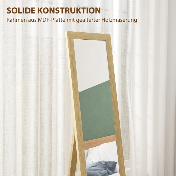 Spiegel Volledige Lichaamsspiegel Wandspiegel, 37 Cm X 40 Cm X 155 Cm, Incl. Bevestigingshaken, Zilver + Eik