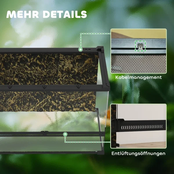 Terrarium Voor Reptielen, Glazen Terrarium 48L Met Voorventilatie, Stenen Achterwand, Draaisluiting 50 X 30 X 35 Cm Zwart