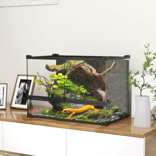 Terrarium Voor Reptielen, Glazen Terrarium 48L Met Voorventilatie, Stenen Achterwand, Draaisluiting 50 X 30 X 35 Cm Zwart