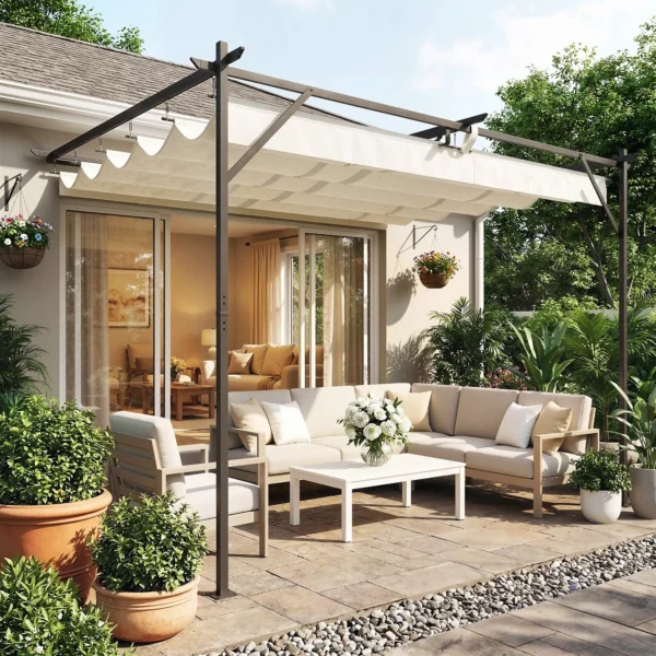 Terrasoverkapping Pergola Ca. 4x3m Terrasoverkapping Met Verstelbaar Dak, Wandmontage UV 30+ Crèmewit