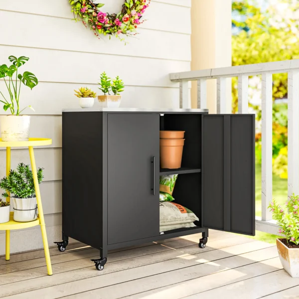 Tuinkast Met Plantentafel Gereedschapsschuur Met Roestvrijstalen Werkblad Afneembaar Rek Magnetische Dubbele Deur Rol