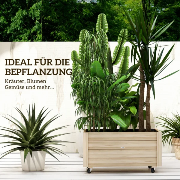 Verhoogd Bloembed, Weerbestendige Verf, 4 Wielen, Natuurhout, 89 X 48 X 47 Cm